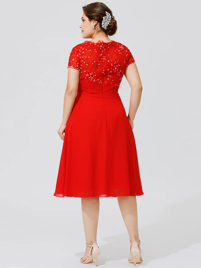 A-Linien-Kleid für die Brautmutter, elegant und luxuriös, schöner Rücken, Übergröße, Rundhalsausschnitt, knielang, Chiffon, Perlenspitze, kurze Ärmel, ohne Falten, Perlenbesatz, Blumen
